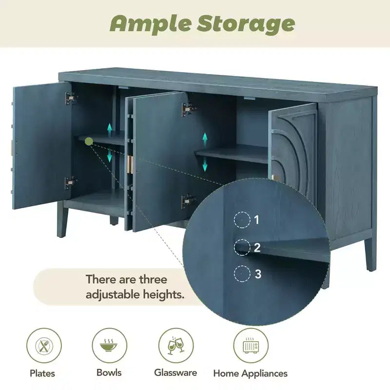Credenza retrò con design a scanalature circolari, maniglie rotonde in metallo