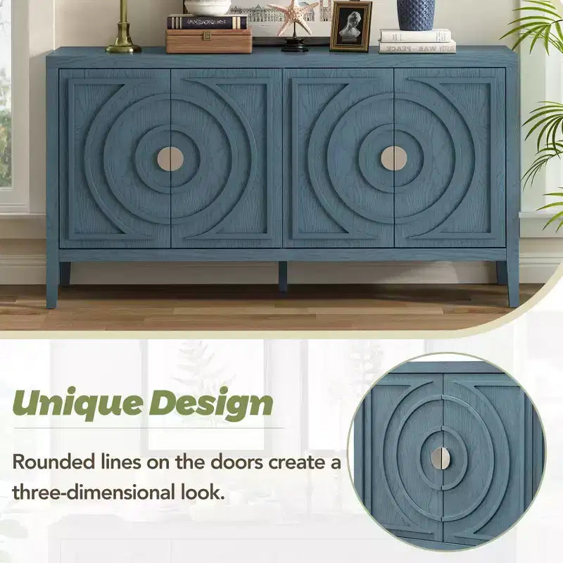 Credenza retrò con design a scanalature circolari, maniglie rotonde in metallo