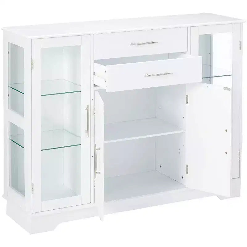 4-türiger Küchenaufbewahrungs-Buffetschrank mit Glastüren, Weiß