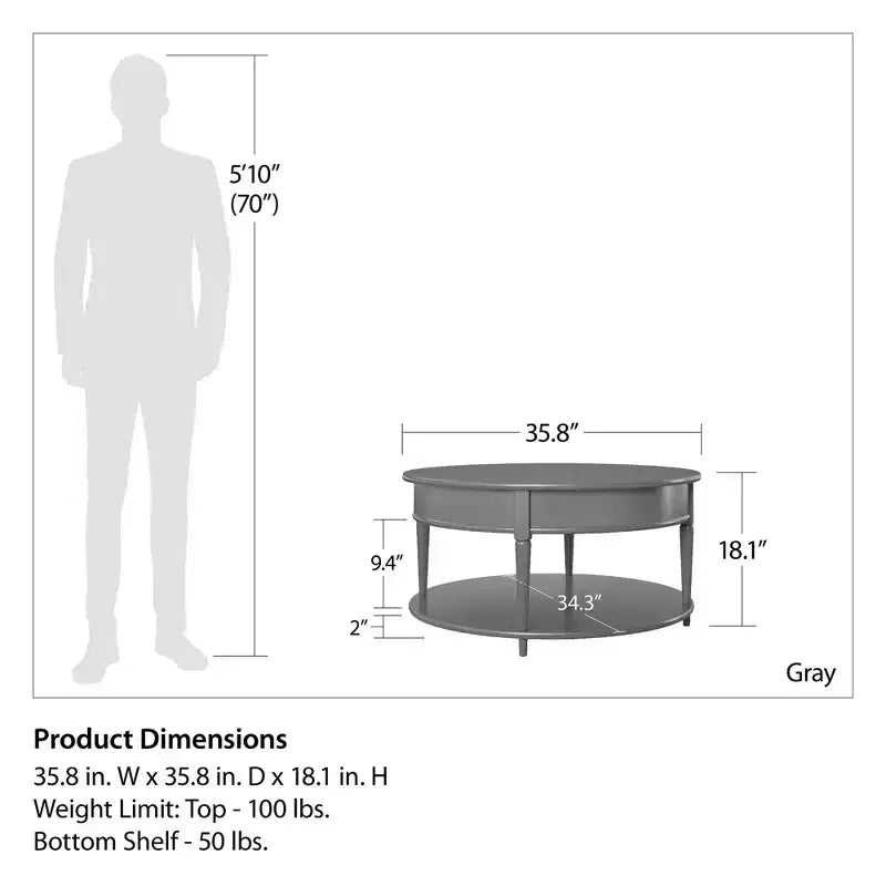 Round Two-Shelf Coffee Table, Gray
