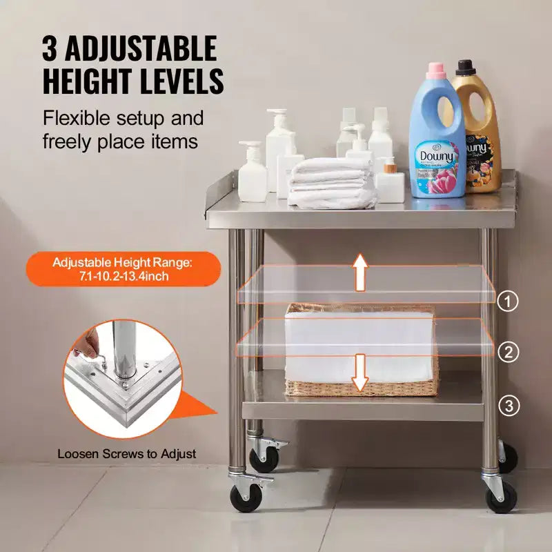 Paslanmaz Çelik Çalışma Masası 24x28x30", 4 Tekerlekli ve 3 Tarafı Sıçrama Önleyici Ticari Gıda Hazırlama Masası