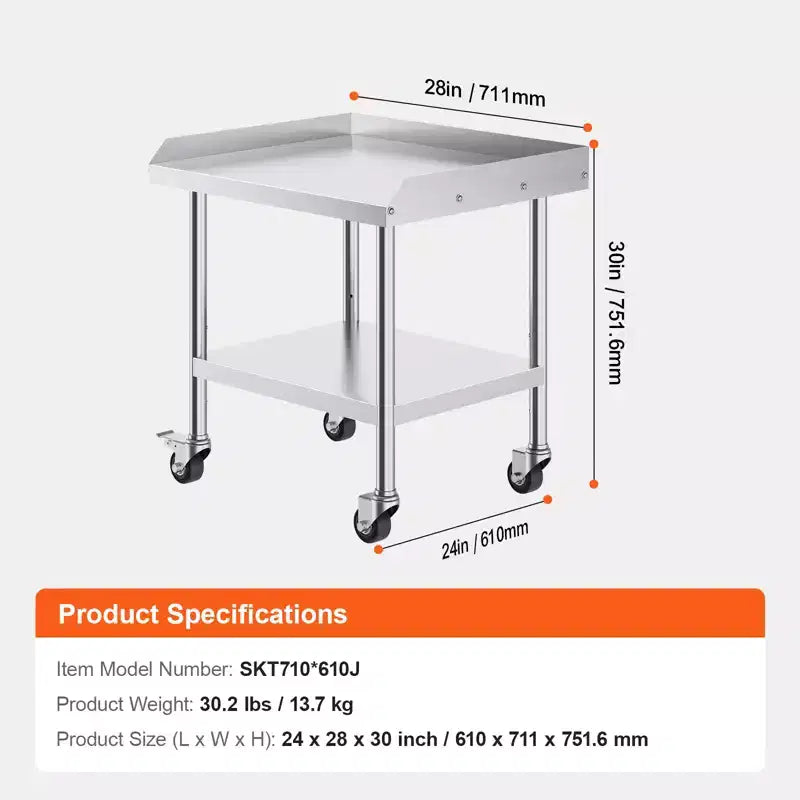 Paslanmaz Çelik Çalışma Masası 24x28x30", 4 Tekerlekli ve 3 Tarafı Sıçrama Önleyici Ticari Gıda Hazırlama Masası