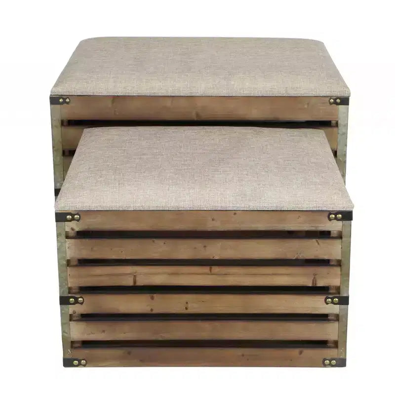 HomeRoots Set of Two Brown Wood Slat and Upholstery Storage Benches With Flip Top