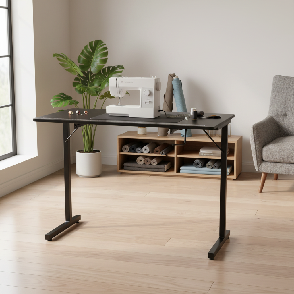 Portable Folding Sewing Table with Steel Legs, Black