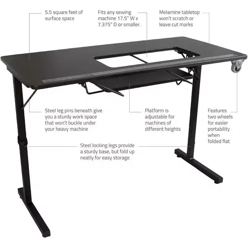 Mesa de costura portátil plegable con patas de acero, negra