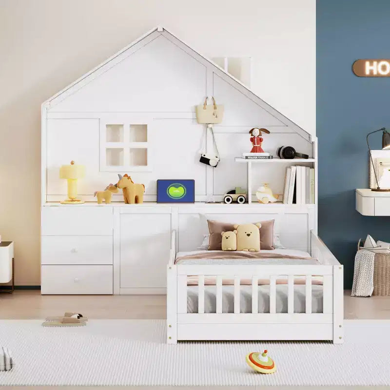 Hausbett in Twin/Full-Größe mit Fenster, Plattformbettgestell, Nachttischschubladen, Regale, Steckdosen und USB-Anschluss, Weiß