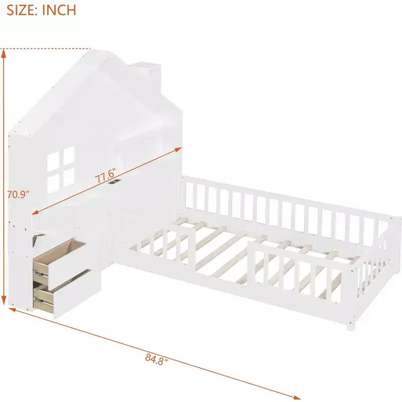 Hausbett in Twin/Full-Größe mit Fenster, Plattformbettgestell, Nachttischschubladen, Regale, Steckdosen und USB-Anschluss, Weiß