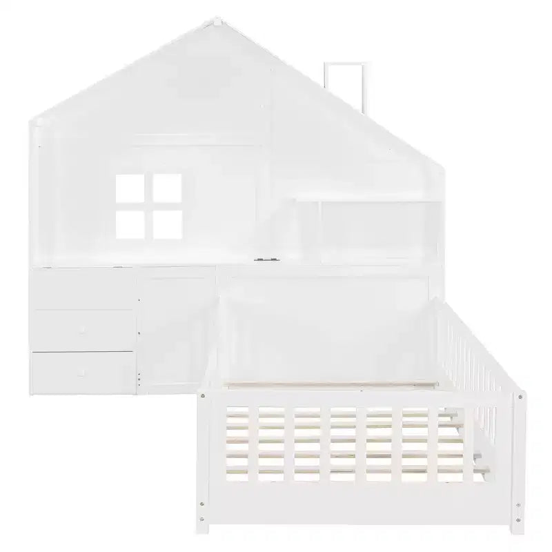 Hausbett in Twin/Full-Größe mit Fenster, Plattformbettgestell, Nachttischschubladen, Regale, Steckdosen und USB-Anschluss, Weiß