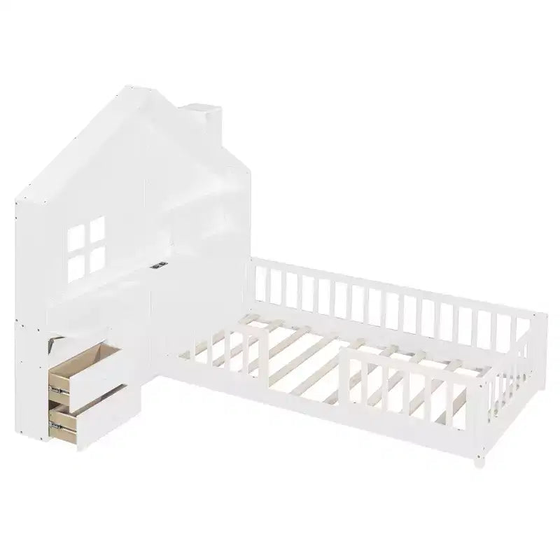 Hausbett in Twin/Full-Größe mit Fenster, Plattformbettgestell, Nachttischschubladen, Regale, Steckdosen und USB-Anschluss, Weiß