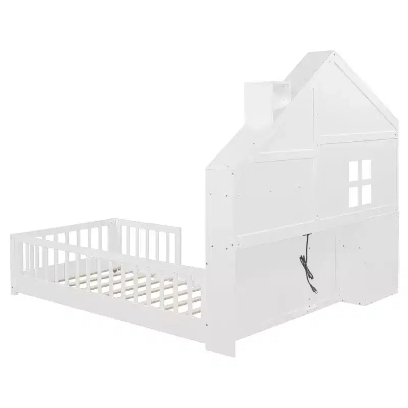 Tweepersoons/volledig huisbed met raam platformbedframe, nachtladen, planken, stopcontacten en USB-poort, wit