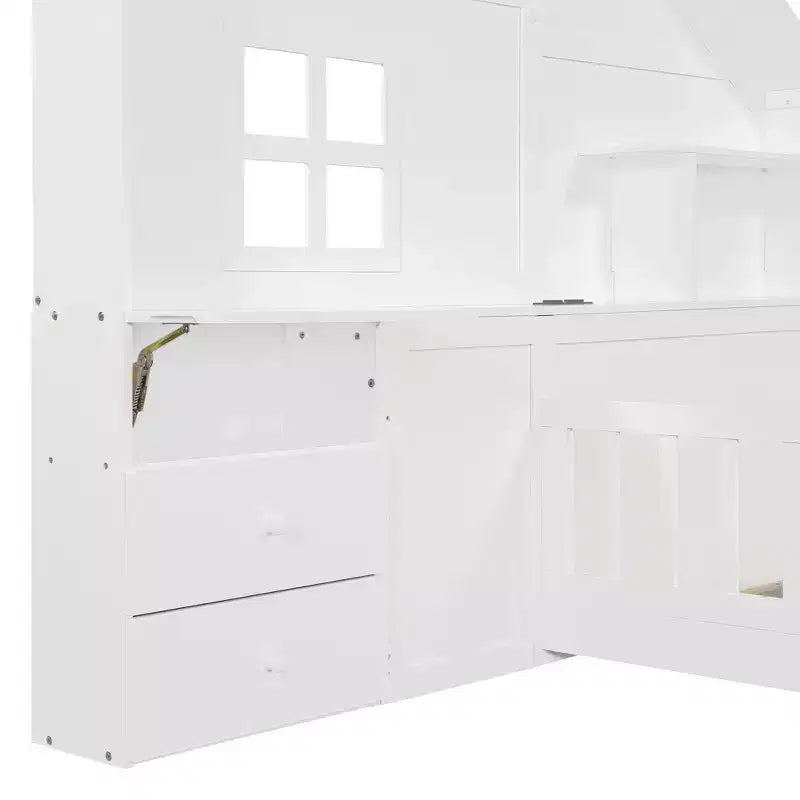 Tweepersoons/volledig huisbed met raam platformbedframe, nachtladen, planken, stopcontacten en USB-poort, wit