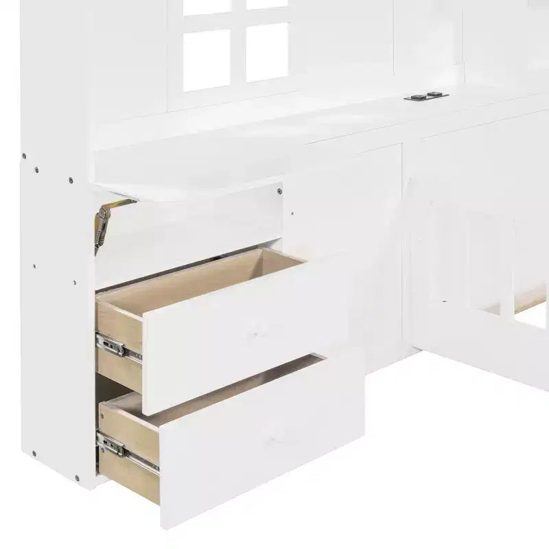 Tweepersoons/volledig huisbed met raam platformbedframe, nachtladen, planken, stopcontacten en USB-poort, wit