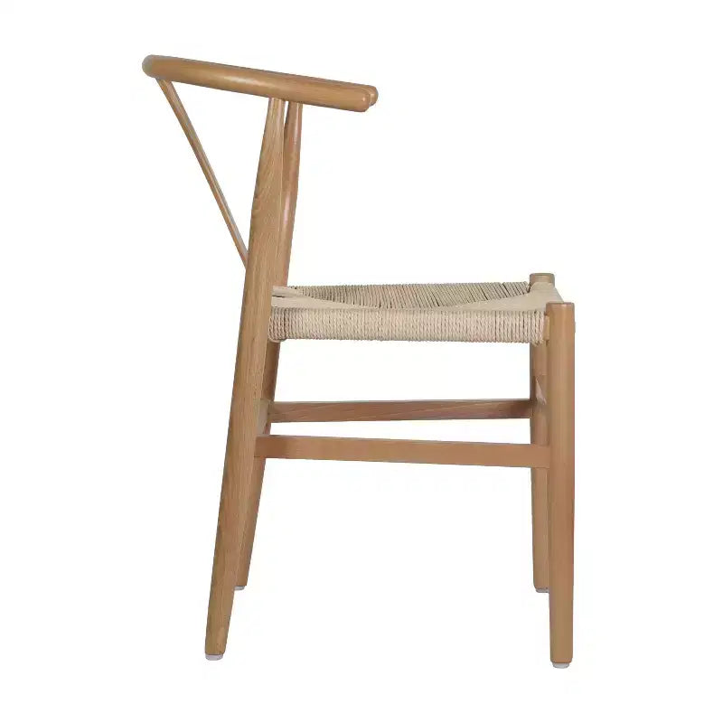 Stapelbare eetkamerstoel met Y-rugontwerp, massief houten frame, gevlochten kraftpapier touwzitting