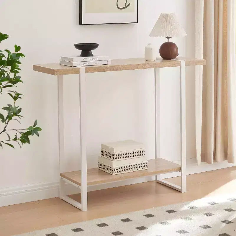 Mesa consola con estantes, mesa moderna de metal y madera para sofá, sala, entrada, pasillo