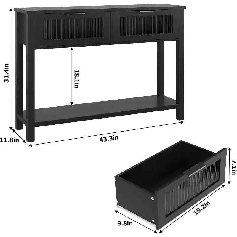 43,3'' Eingangs- und Konsolentisch, Holztisch mit 2 Glasschubladen und offener Ablage, Stauraum hinter dem Sofa, Flur, Wohnzimmer