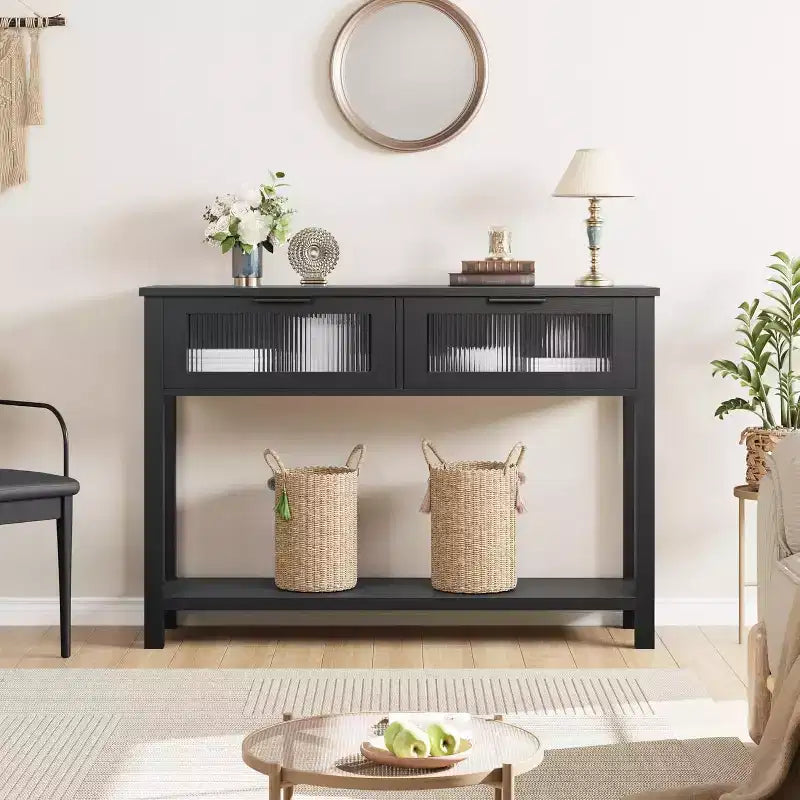 43,3'' Eingangs- und Konsolentisch, Holztisch mit 2 Glasschubladen und offener Ablage, Stauraum hinter dem Sofa, Flur, Wohnzimmer