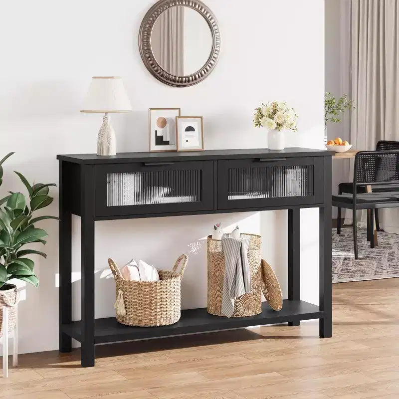43,3'' Eingangs- und Konsolentisch, Holztisch mit 2 Glasschubladen und offener Ablage, Stauraum hinter dem Sofa, Flur, Wohnzimmer