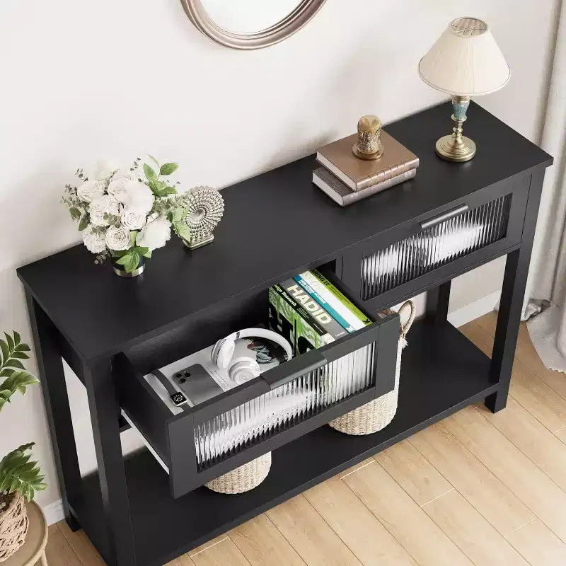 43,3'' Eingangs- und Konsolentisch, Holztisch mit 2 Glasschubladen und offener Ablage, Stauraum hinter dem Sofa, Flur, Wohnzimmer