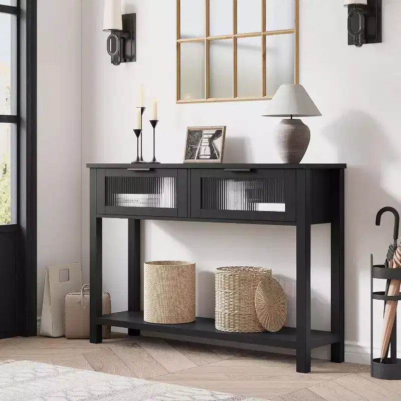 43.3'' Entryway Table, Wood Console Table with 2 Glass Drawers and Open Shelf,Behind Couch Entry Foyer Hallway Storage,for Living Room, Hallway