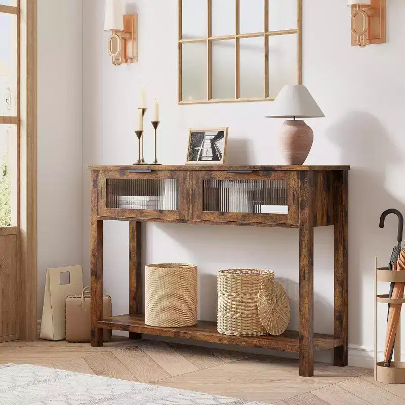 43,3'' Eingangs- und Konsolentisch, Holztisch mit 2 Glasschubladen und offener Ablage, Stauraum hinter dem Sofa, Flur, Wohnzimmer