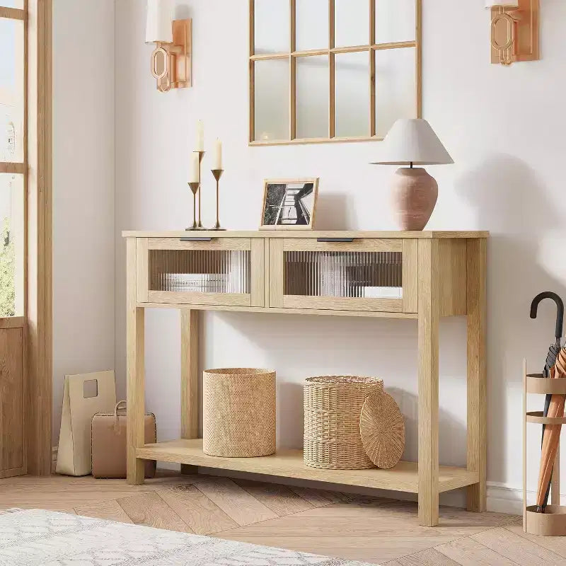 43,3'' Eingangs- und Konsolentisch, Holztisch mit 2 Glasschubladen und offener Ablage, Stauraum hinter dem Sofa, Flur, Wohnzimmer