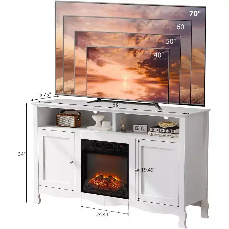 Mobile TV con camino per TV fino a 70", centro intrattenimento moderno francese con camino elettrico e gambe curve