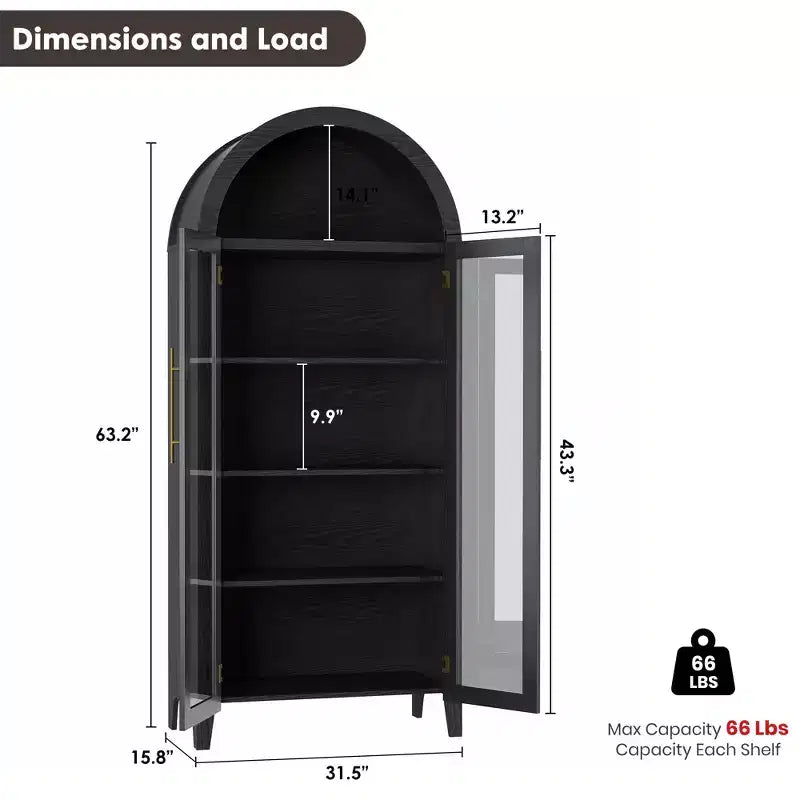 63.2 Arched Kitchen Pantry Cabinet, 5 Tier Display Shelf with Adjustable Shelf and 2 Large Glass Doors, for Kitchen, Dining Room, Living Room