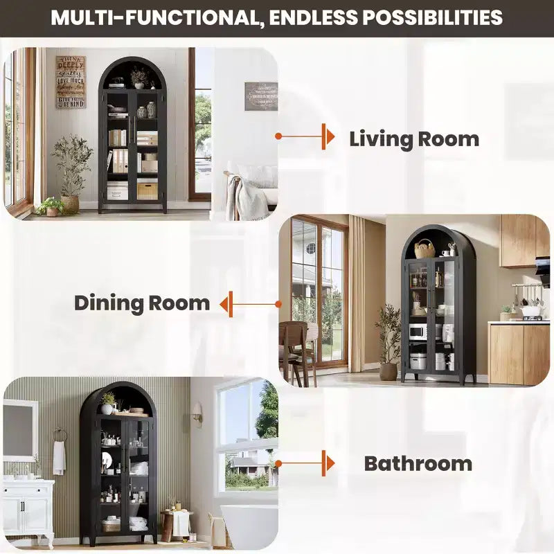 63.2 Arched Kitchen Pantry Cabinet, 5 Tier Display Shelf with Adjustable Shelf and 2 Large Glass Doors, for Kitchen, Dining Room, Living Room