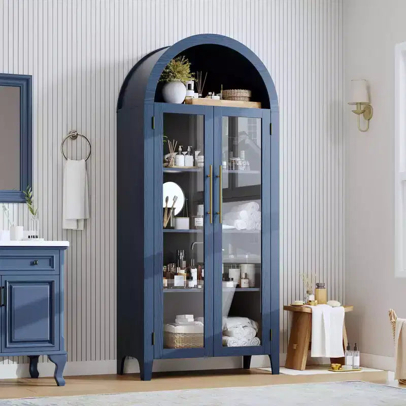 63.2 Arched Kitchen Pantry Cabinet, 5 Tier Display Shelf with Adjustable Shelf and 2 Large Glass Doors, for Kitchen, Dining Room, Living Room
