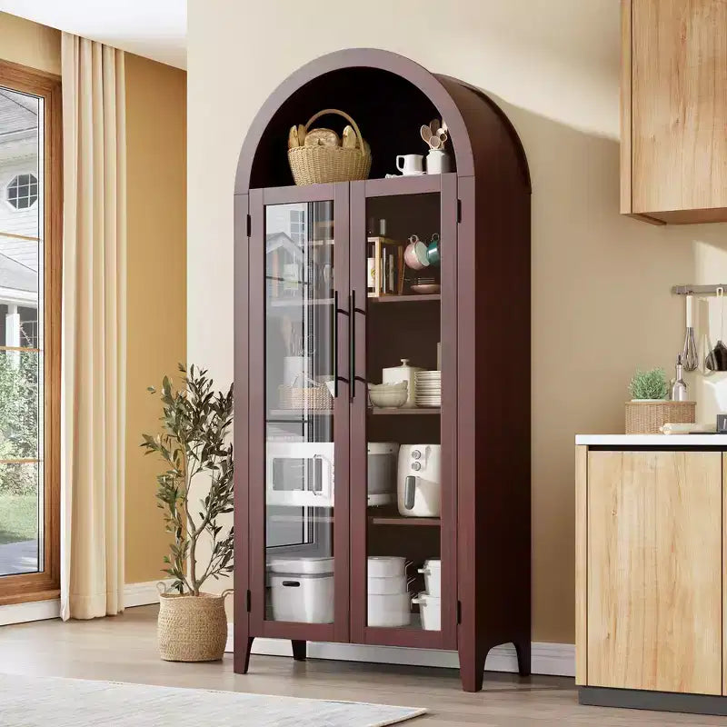 63.2 Arched Kitchen Pantry Cabinet, 5 Tier Display Shelf with Adjustable Shelf and 2 Large Glass Doors, for Kitchen, Dining Room, Living Room