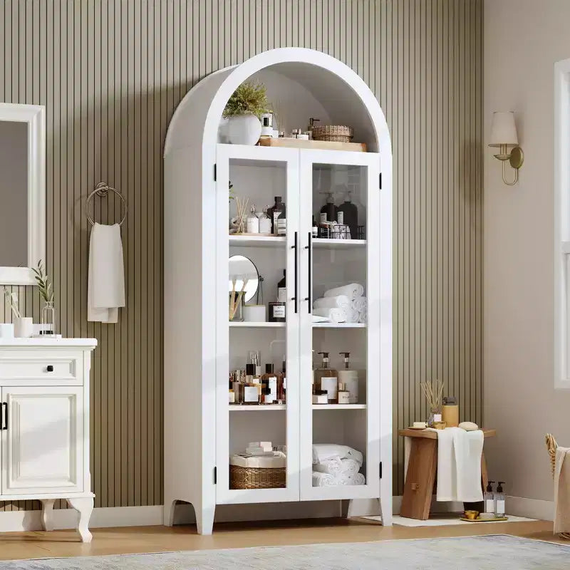 63.2 Arched Kitchen Pantry Cabinet, 5 Tier Display Shelf with Adjustable Shelf and 2 Large Glass Doors, for Kitchen, Dining Room, Living Room