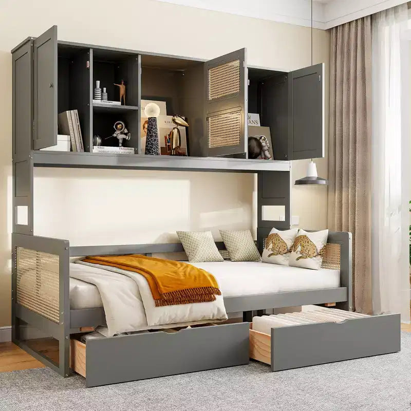 Tagesbett Twin/Full mit Aufbewahrungsregal, Holztagesbett mit Schränken und Regalen