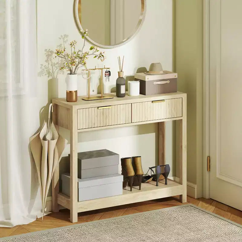 35" Modern Console Table with Storage, Narrow Hallway Table with Fluted Panel Drawers and Shelf, Natural