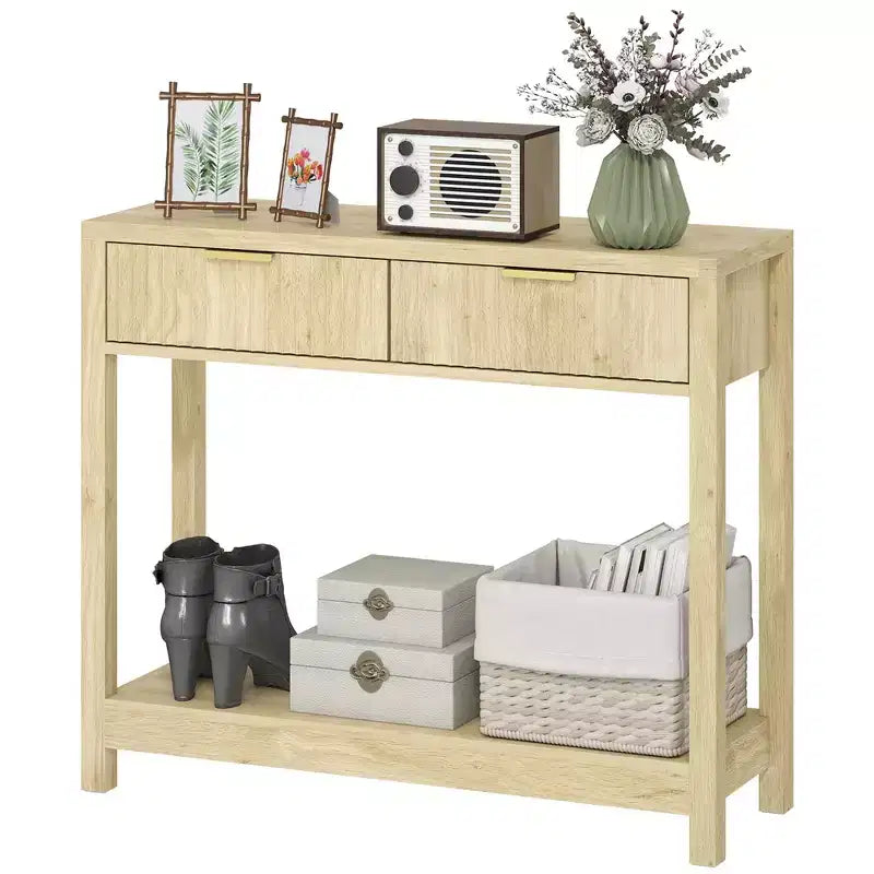 35" Modern Console Table with Storage, Narrow Hallway Table with Fluted Panel Drawers and Shelf, Natural