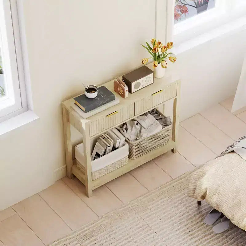 35" Modern Console Table with Storage, Narrow Hallway Table with Fluted Panel Drawers and Shelf, Natural