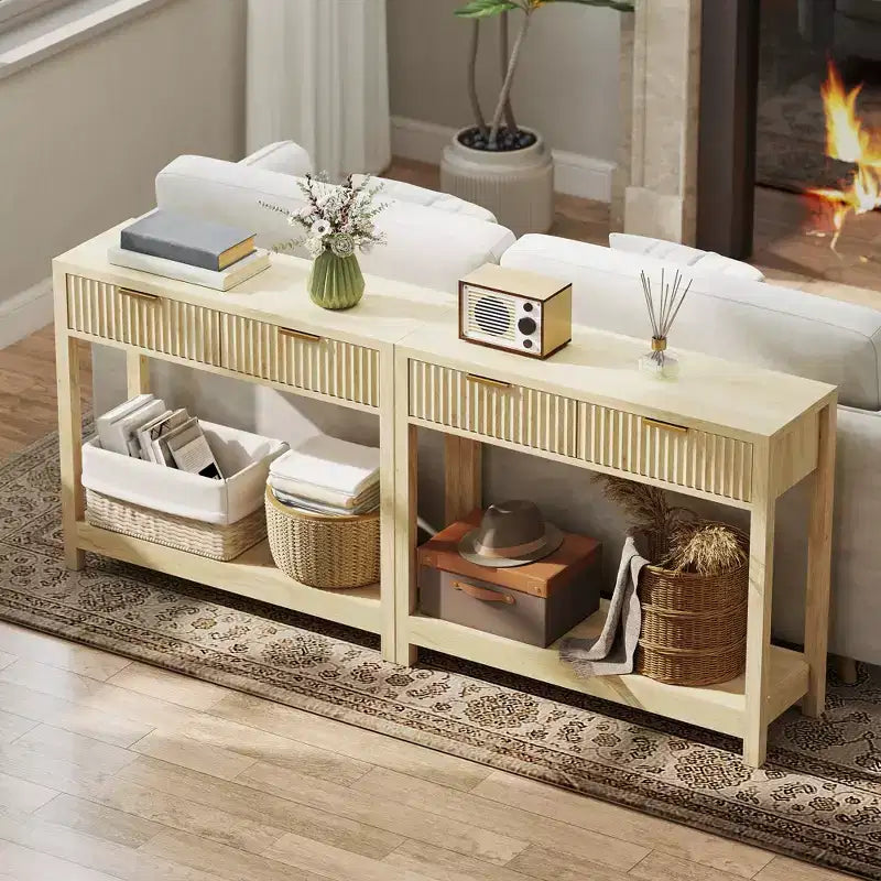 35" Modern Console Table with Storage, Narrow Hallway Table with Fluted Panel Drawers and Shelf, Natural