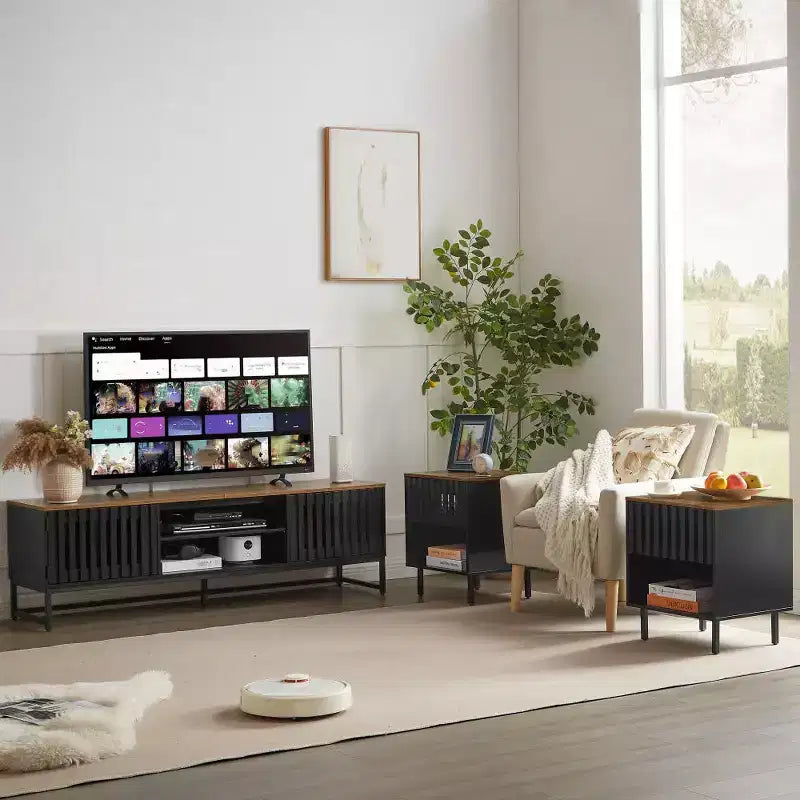 63-inch Modern TV Stand with Slatted Grille Doors and Storage