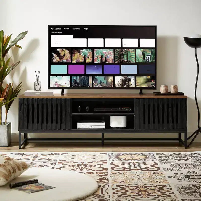 63-inch Modern TV Stand with Slatted Grille Doors and Storage