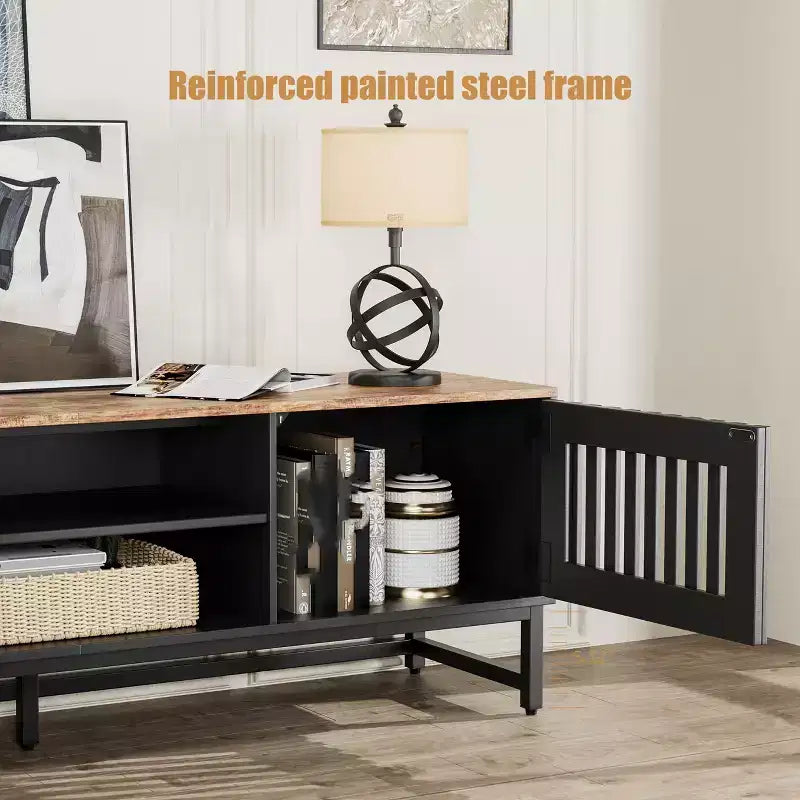 63-inch Modern TV Stand with Slatted Grille Doors and Storage