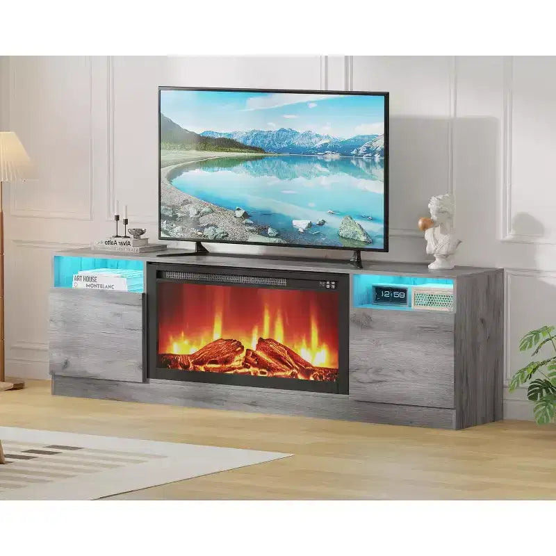 Moderner TV-Ständer mit LED-Beleuchtung, Aufbewahrungsschränken und Regalen