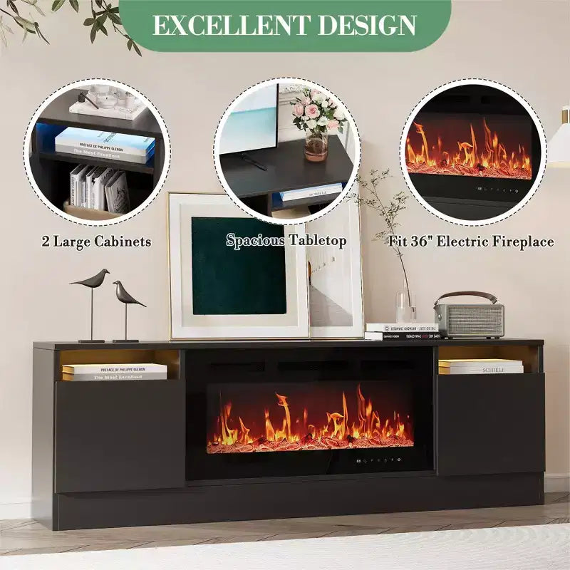 Modern TV Stand with LED Lighting, Storage Cabinets and Shelves