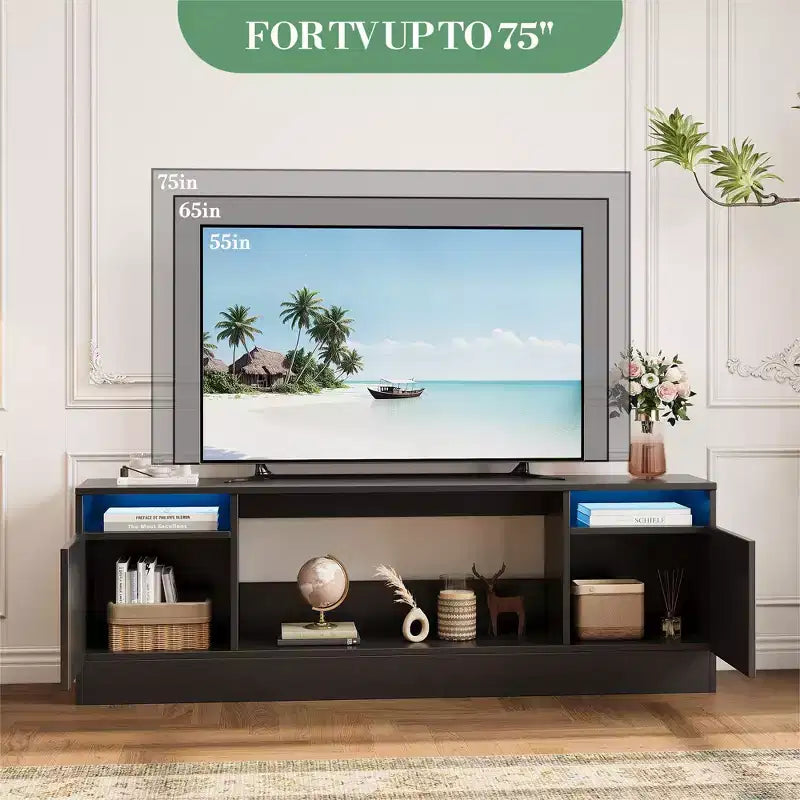 Modern TV Stand with LED Lighting, Storage Cabinets and Shelves