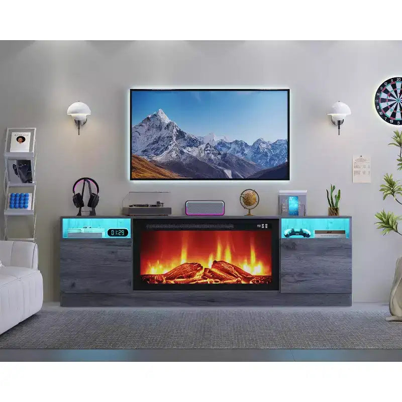 Modern TV Stand with LED Lighting, Storage Cabinets and Shelves
