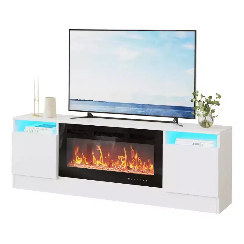 Modern TV Stand with LED Lighting, Storage Cabinets and Shelves