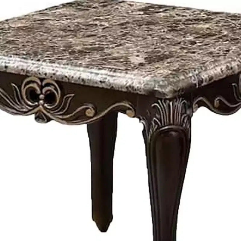 Traditional End Table, Dark Walnut Brown Wood with Carved Details, 28 Inch