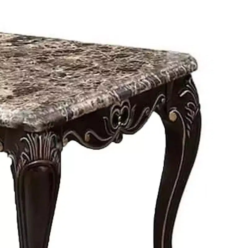 Traditional End Table, Dark Walnut Brown Wood with Carved Details, 28 Inch