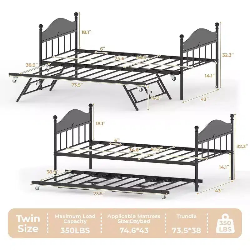 Tagesbett mit ausziehbarem Gästebett, Metall-Einzelbettgestell mit Sofa-zu-Bett-Kopfteil, verstärkte Stahlleisten, rustikales Braun