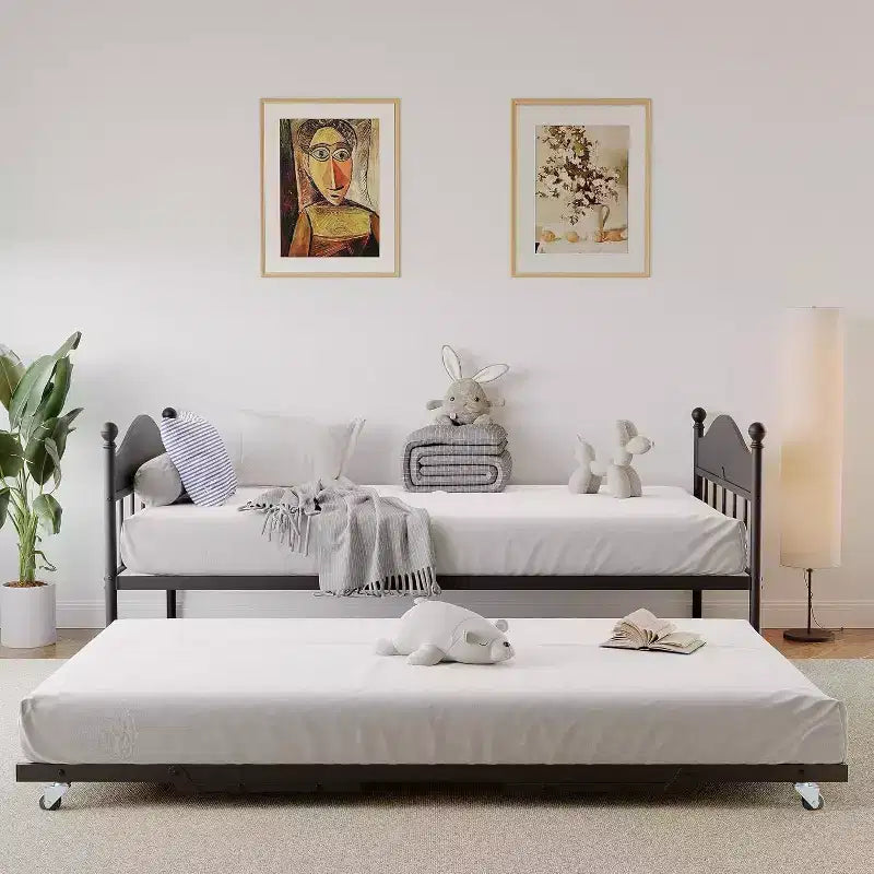Tagesbett mit ausziehbarem Gästebett, Metall-Einzelbettgestell mit Sofa-zu-Bett-Kopfteil, verstärkte Stahlleisten, rustikales Braun