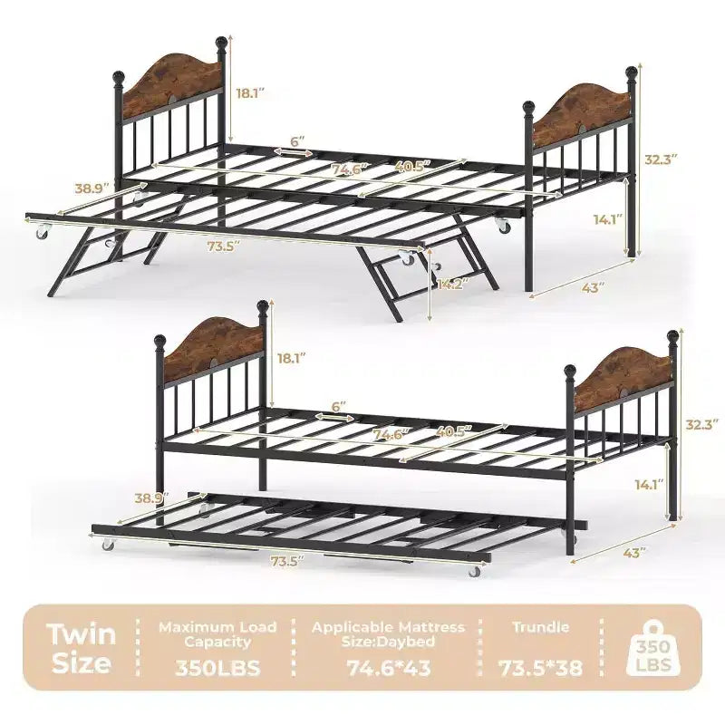 Tagesbett mit ausziehbarem Gästebett, Metall-Einzelbettgestell mit Sofa-zu-Bett-Kopfteil, verstärkte Stahlleisten, rustikales Braun