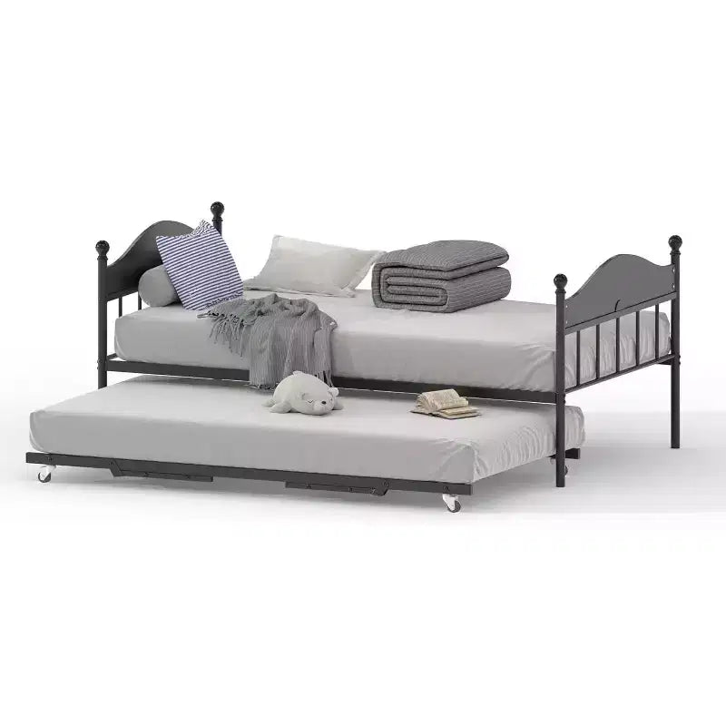 Tagesbett mit ausziehbarem Gästebett, Metall-Einzelbettgestell mit Sofa-zu-Bett-Kopfteil, verstärkte Stahlleisten, rustikales Braun